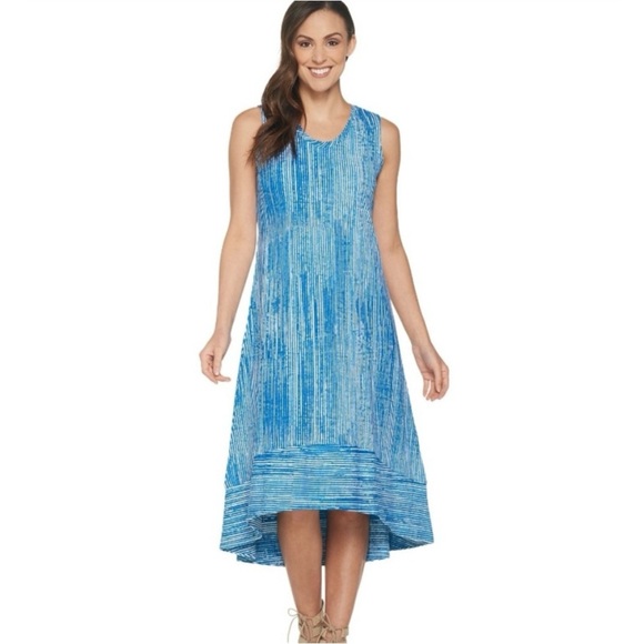 H by Halston Striped High/Low Dress- Blue/White- SZ M Petite Classic Midi Preppy - Picture 1 of 7